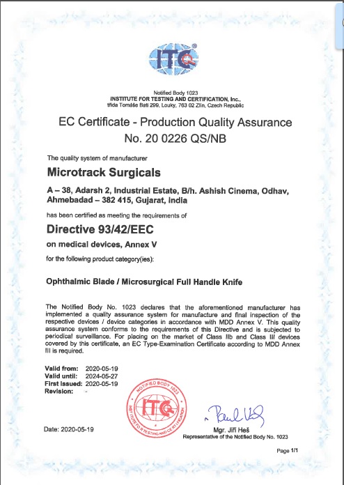 Ophthalmic Blades CE Certificate